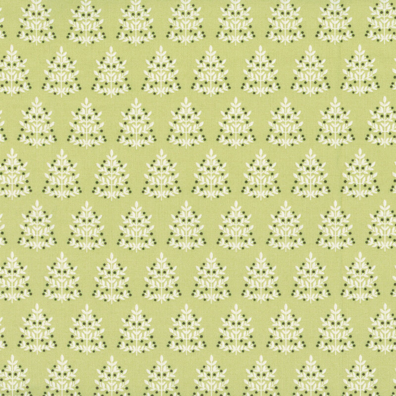 Green fabric with rows of light cream Christmas trees throughout