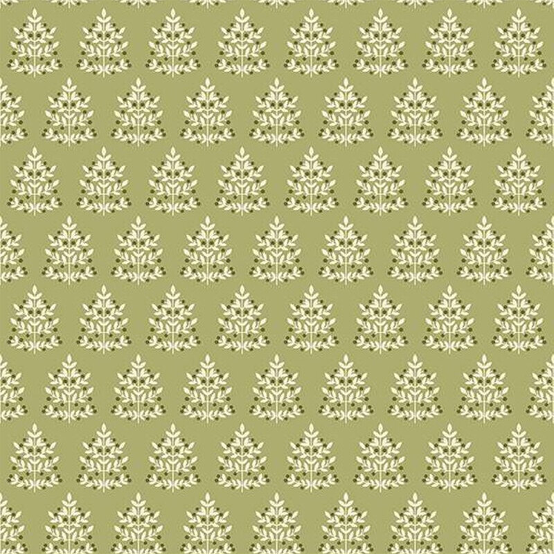 Green fabric with rows of light cream Christmas trees throughout