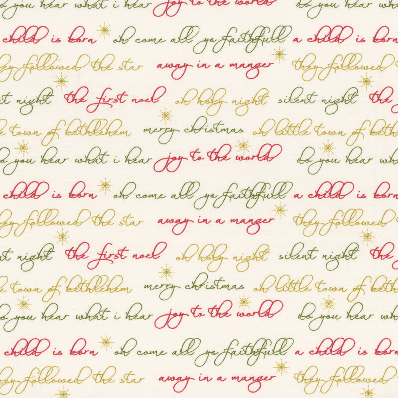 Cream fabric with rows of multi colored cursive holiday phrases