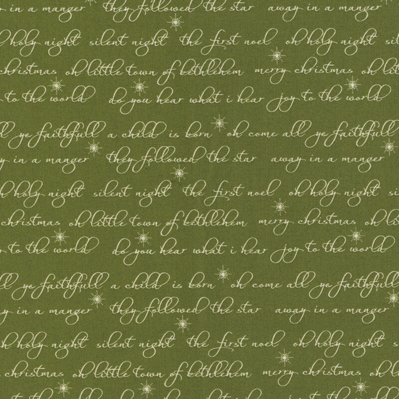 Dark green fabric with rows of cursive holiday phrases in cream