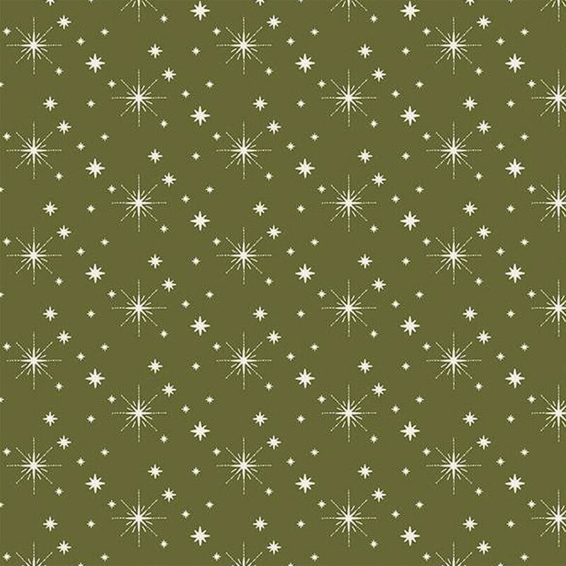 Dark green fabric with various sized white twinkling stars throughout