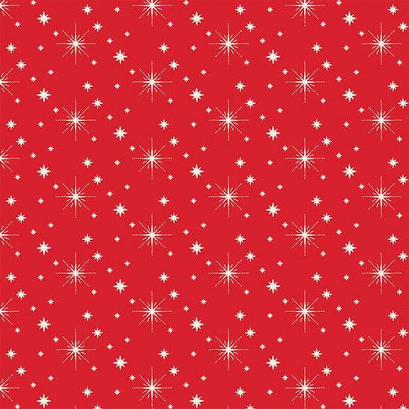 Red fabric with various sized white twinkling stars throughout