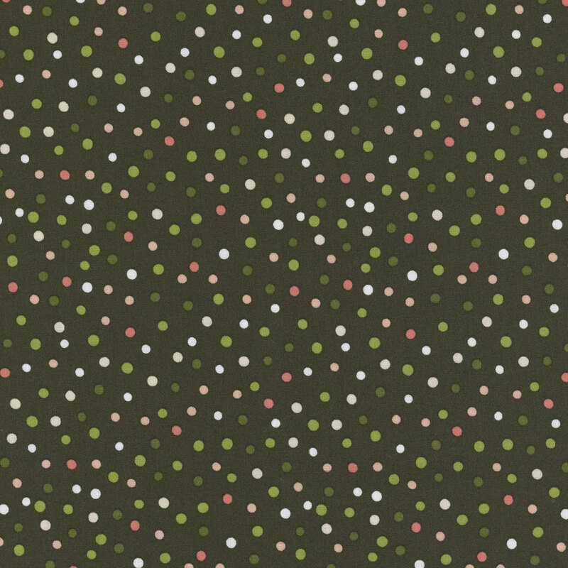 Dark green fabric with red, green, white, and yellow polka dots throughout.