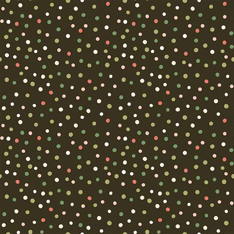 Dark brown fabric with red, green, white, and yellow polka dots throughout.