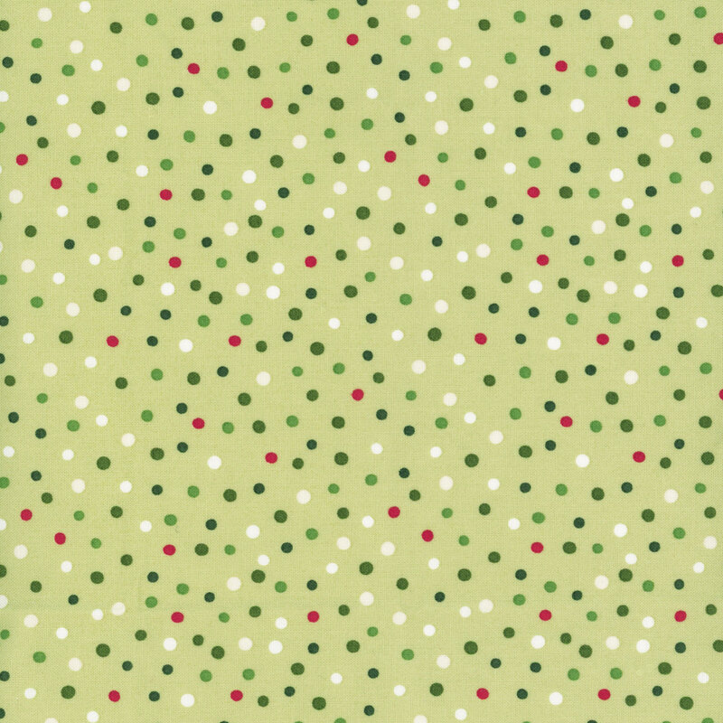 Light green fabric with red, green, white, and black polka dots throughout