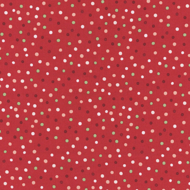Red fabric with red, green, white, and black polka dots throughout