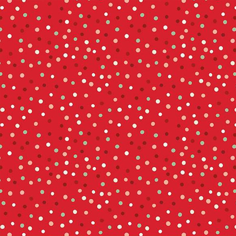 Red fabric with red, green, white, and black polka dots throughout