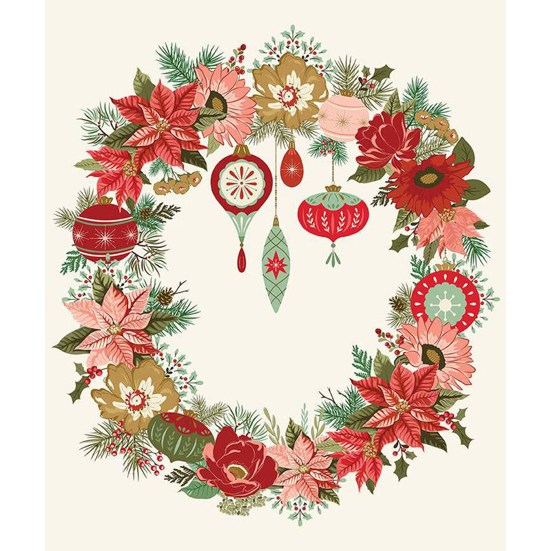 Cream fabric panel featuring a wreath of poinsettias and pine sprigs with hanging Christmas ornaments in the center