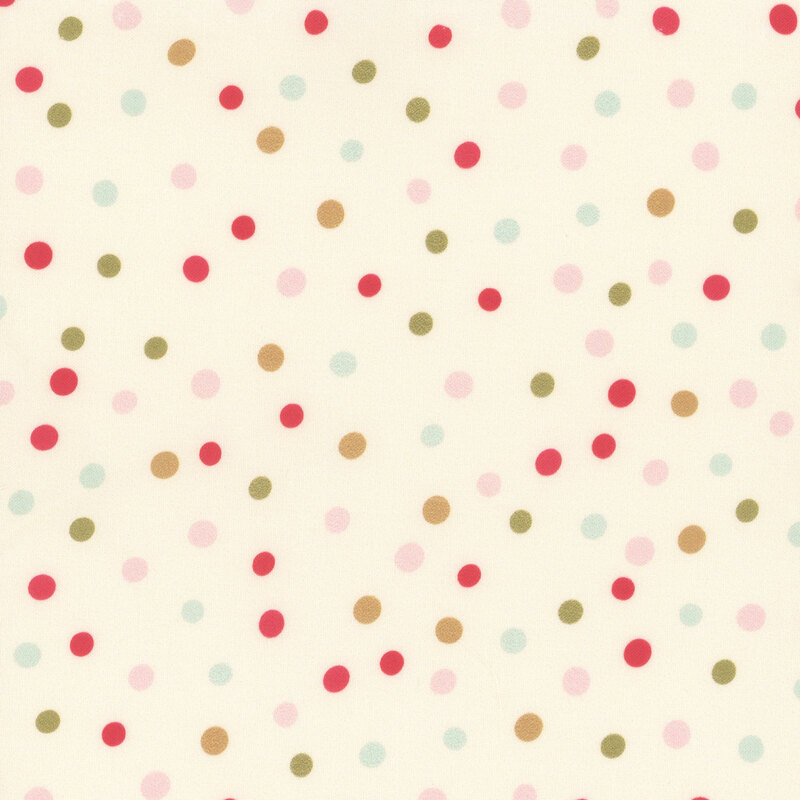 Cream fabric with large red, green, pink, and light blue polka dots throughout