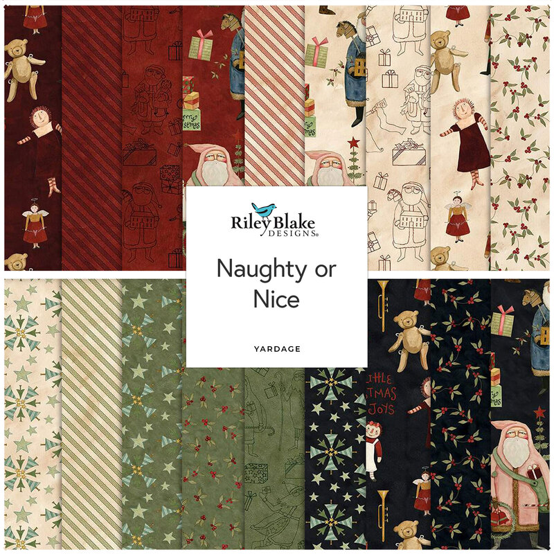 A collage of fabric patterns featuring Christmas themes, labeled Santa's Coming to Town by Riley Blake.