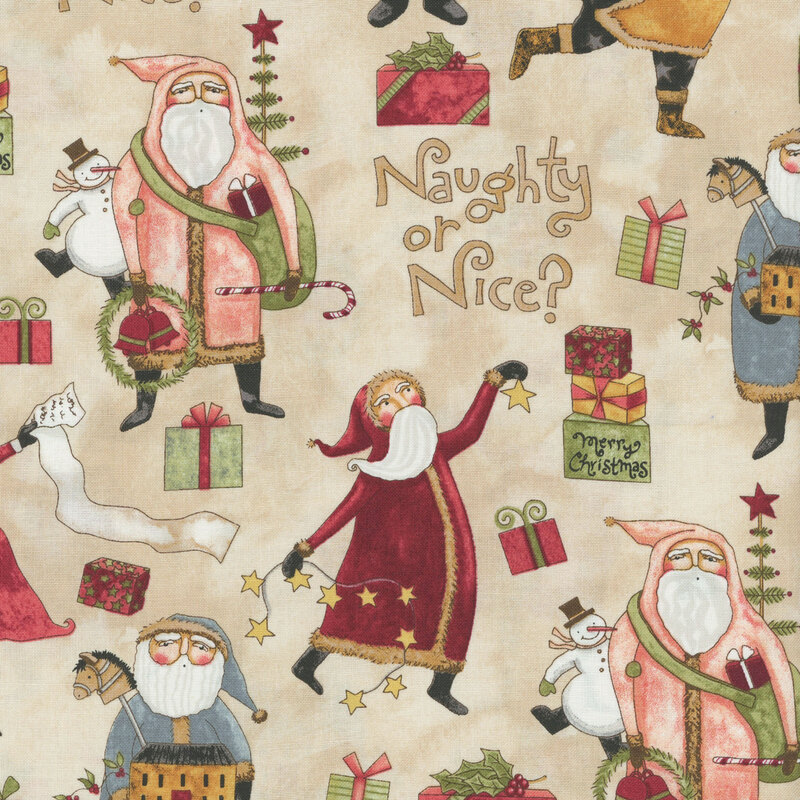 Pattern featuring Santa characters in various outfits, gifts, and the phrase Naughty or Nice?