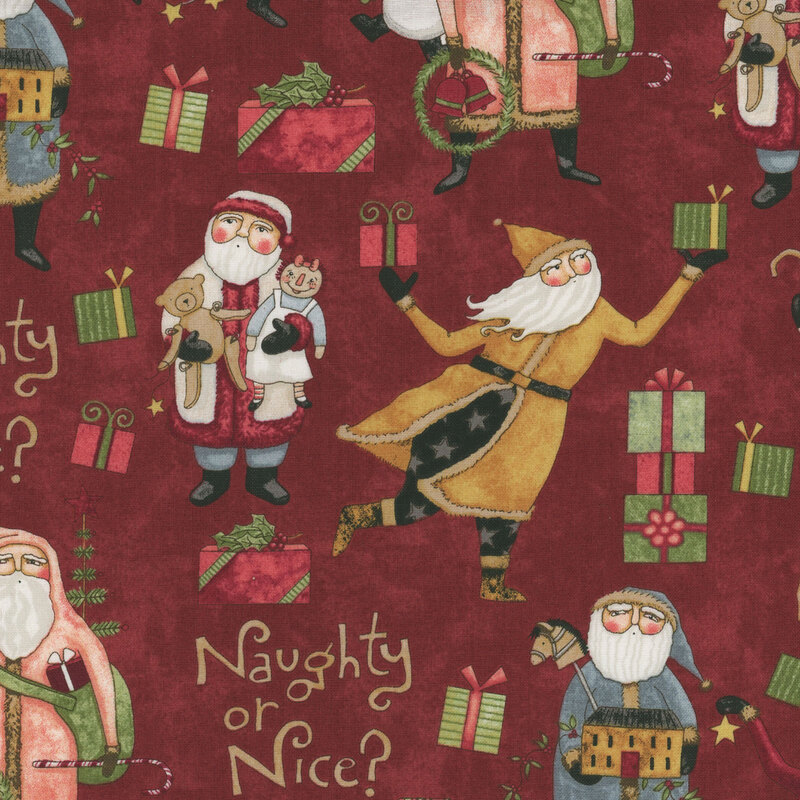 Pattern featuring whimsical Santa figures with gifts on a red fabric, with the phrase Naughty or Nice?