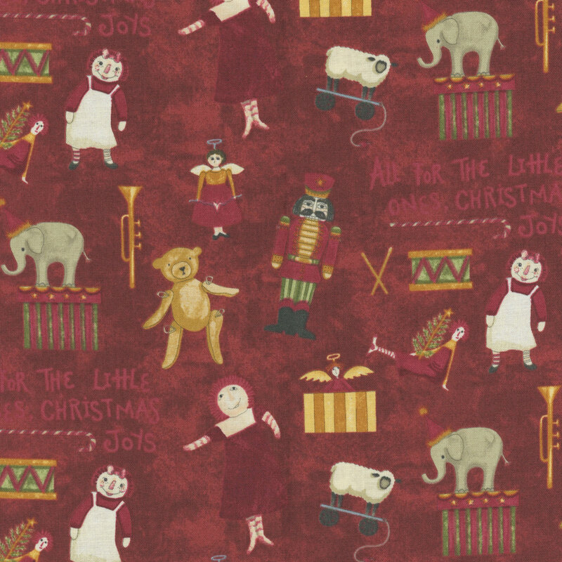 Pattern featuring toys, nutcracker figures, and festive elements on a dark background, with text.