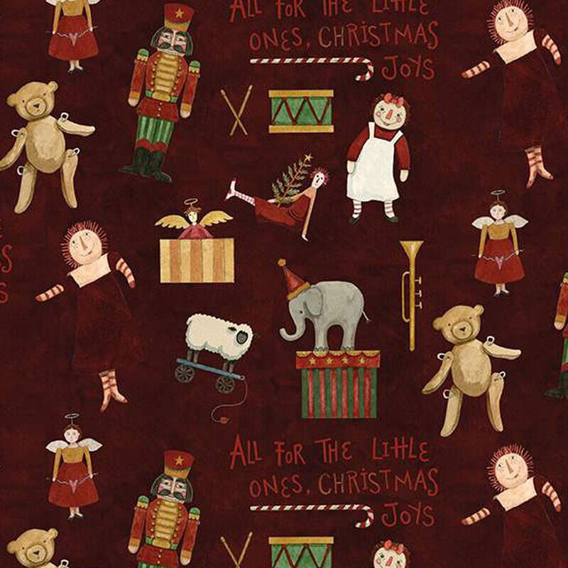 Pattern featuring toys, nutcracker figures, and festive elements on a dark background, with text.