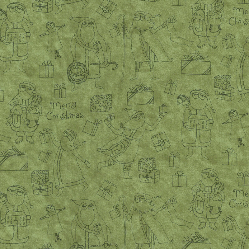 Background pattern featuring festive illustrations, gifts, and Merry Christmas text in green shades.