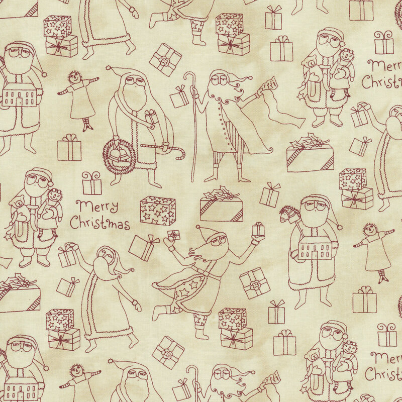 Mottled cream fabric with festive characters, gifts, and Merry Christmas in a whimsical design.