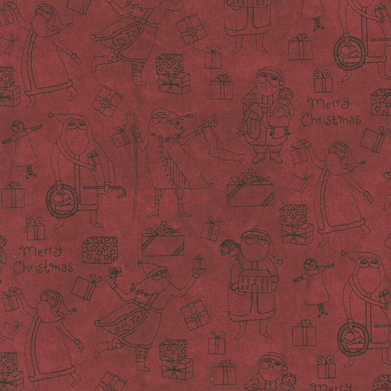 A festive red background features outlined characters celebrating Christmas, with presents and Merry Christmas text.