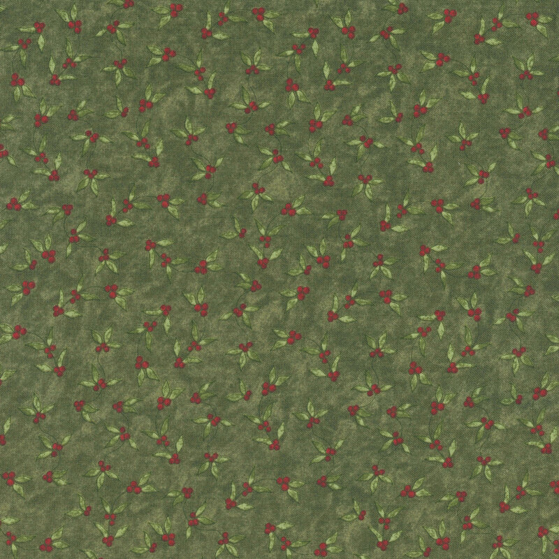 Seamless green fabric pattern with small red flowers and leaves evenly dispersed.