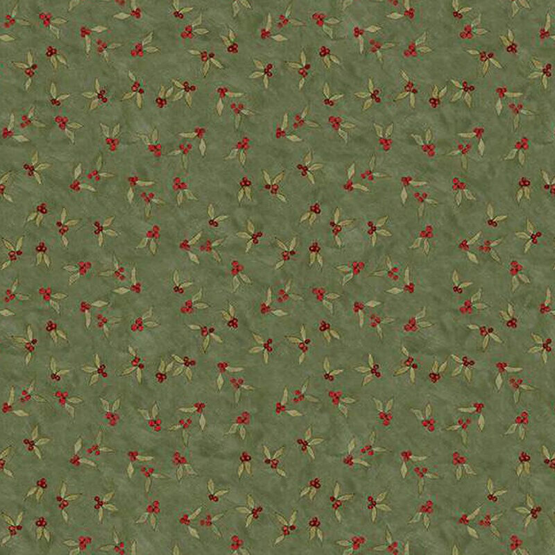 Seamless green fabric pattern with small red flowers and leaves evenly dispersed.