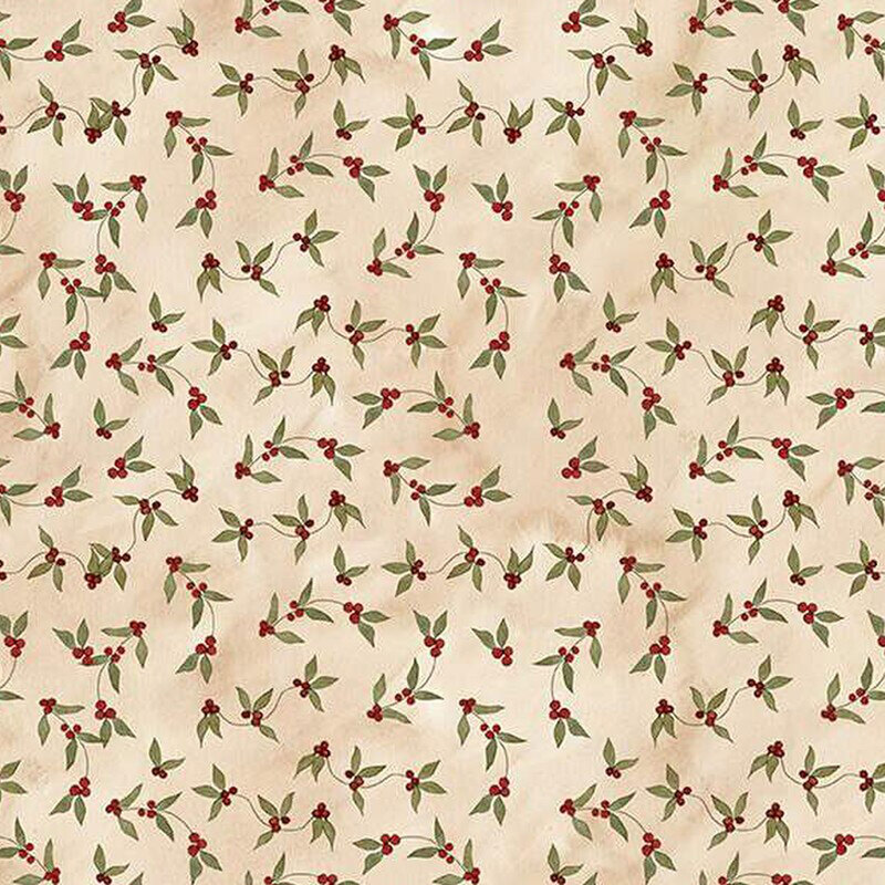 Pattern featuring small red berries and green leaves on a light beige background.