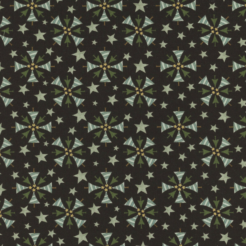 Mottled black fabric with geometric trees and stars