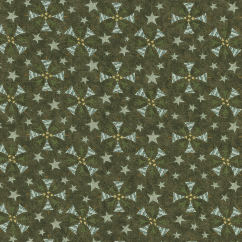 Mottled green fabric with geometric trees and stars