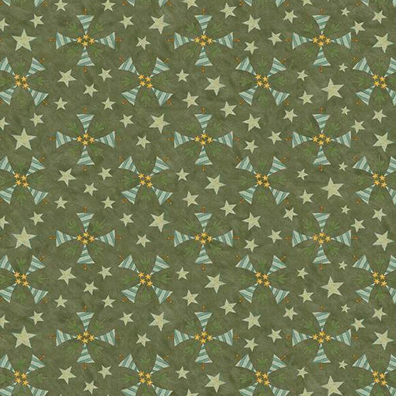 Patterned fabric design featuring repeating green bows and stars on an olive background.