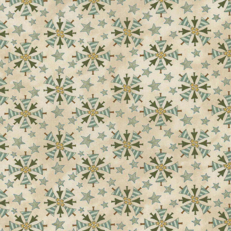 Mottled cream fabric with geometric trees and stars