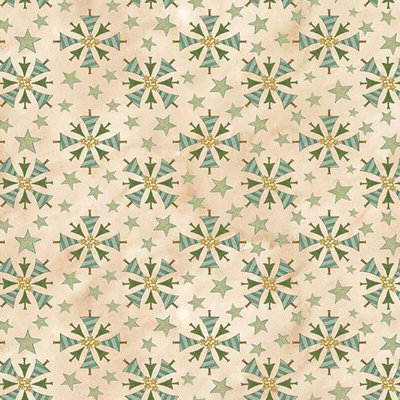 Repeating pattern of mint green snowflakes and stars on a beige background.