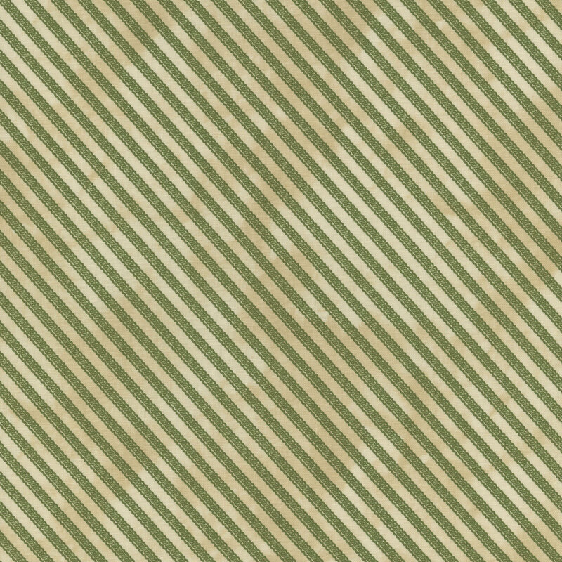 Fabric with diagonal stripes in varying shades of green and cream.