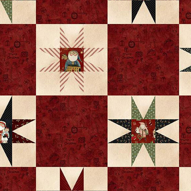 Colorful quilt pattern featuring star shapes and seasonal motifs on a red and cream background.