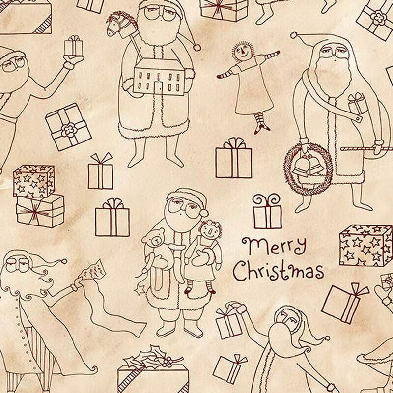 Patterned design featuring various Santa Claus figures, gifts, and a Merry Christmas message.