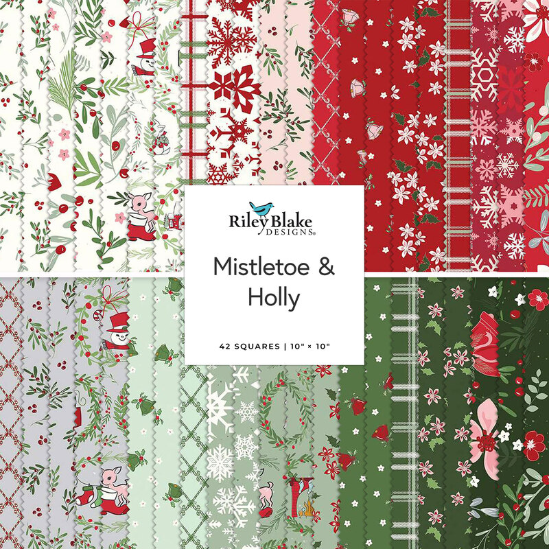 Fabric swatches in festive designs featuring mistletoe, holly, and winter themes by Riley Blake.