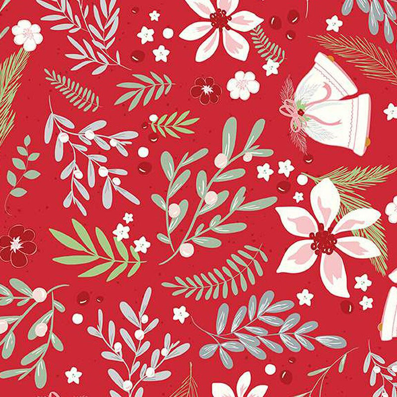 Red background featuring various green leaves, white flowers, and decorative bells in a festive pattern.