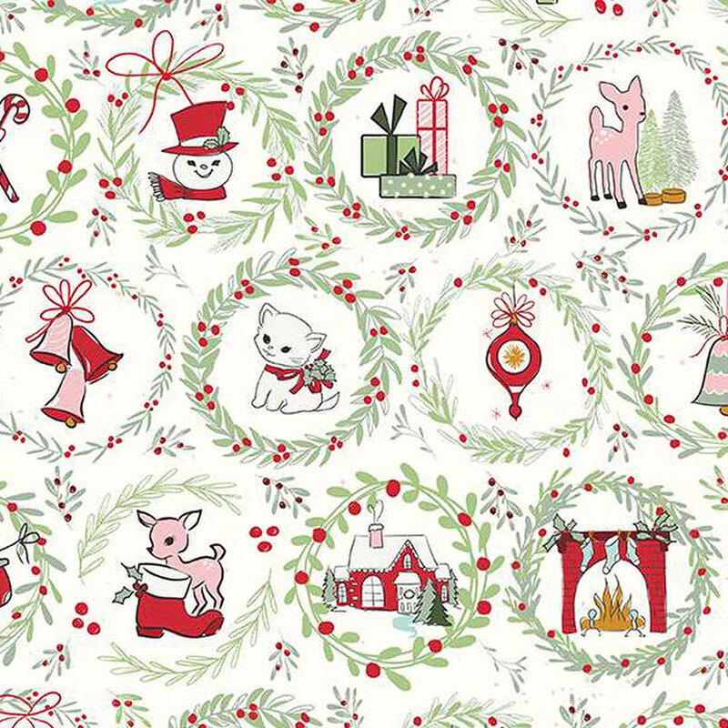 Repeating pattern featuring holiday-themed illustrations: gifts, animals, and decorative wreaths.