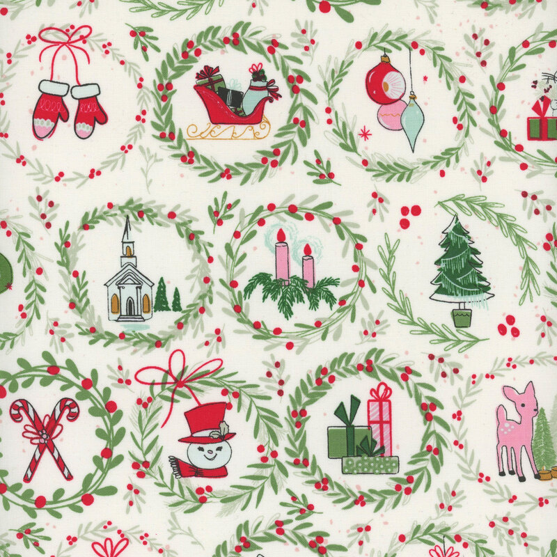 Repeating pattern featuring holiday-themed illustrations: gifts, animals, and decorative wreaths.
