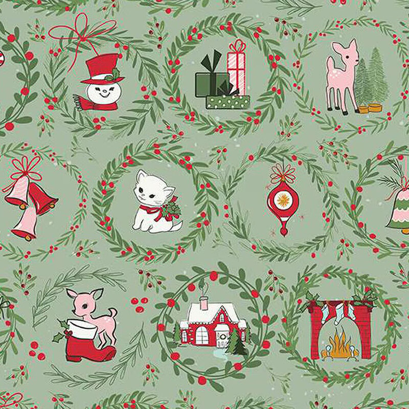 Pattern of festive holiday illustrations featuring animals, gifts, and decorations in circular frames.