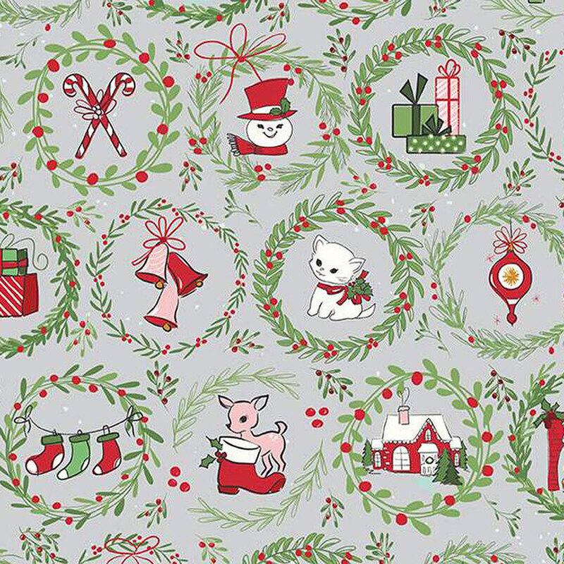 Pattern featuring festive illustrations, including a snowman, gifts, a cat, and holiday decorations within wreaths.