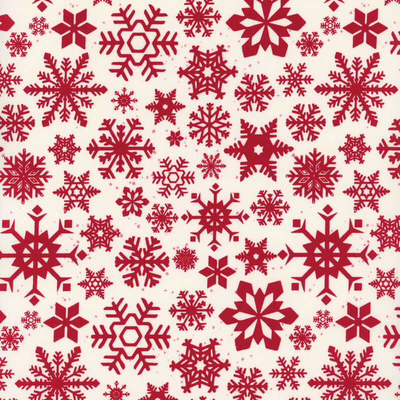 Red and white patterned background featuring various snowflake designs of different shapes and sizes.