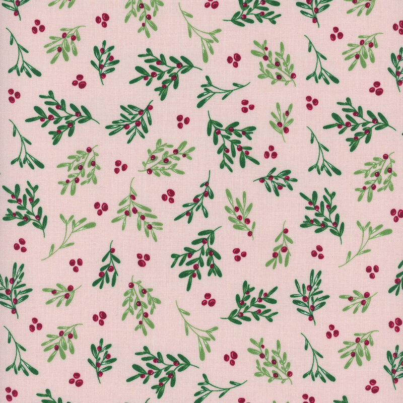 Pattern of green leaves and red berries on a soft pink background, creating a botanical design.