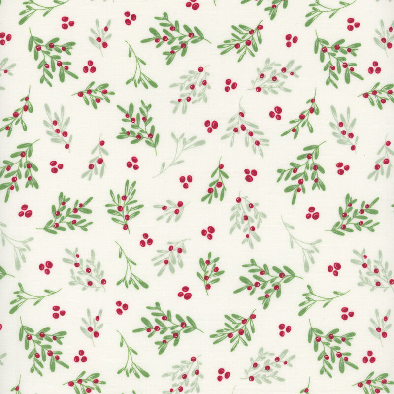 Seamless pattern of green leaves and red berries on a light cream background.