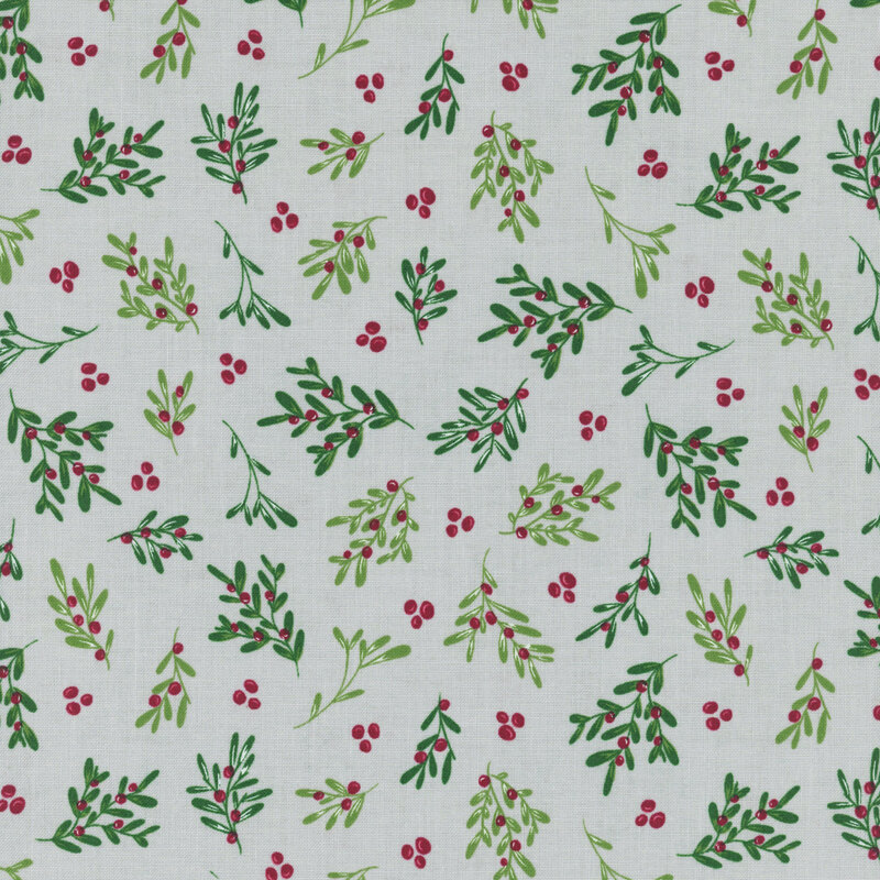 Pattern of green leaves and red berries on a light gray background, creating a botanical design.