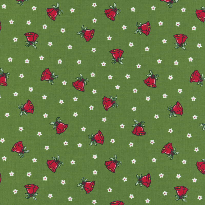 Red and white flowers scattered across a green background, creating a vibrant floral pattern.