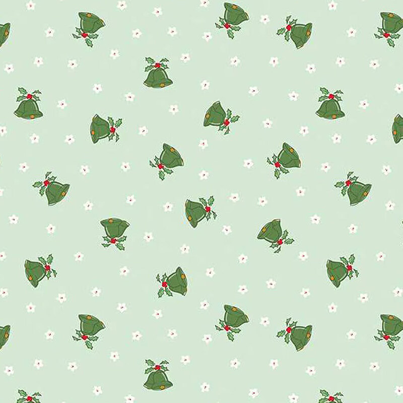 Repeating pattern of green bells with red holly on a light green background, interspersed with white flowers.