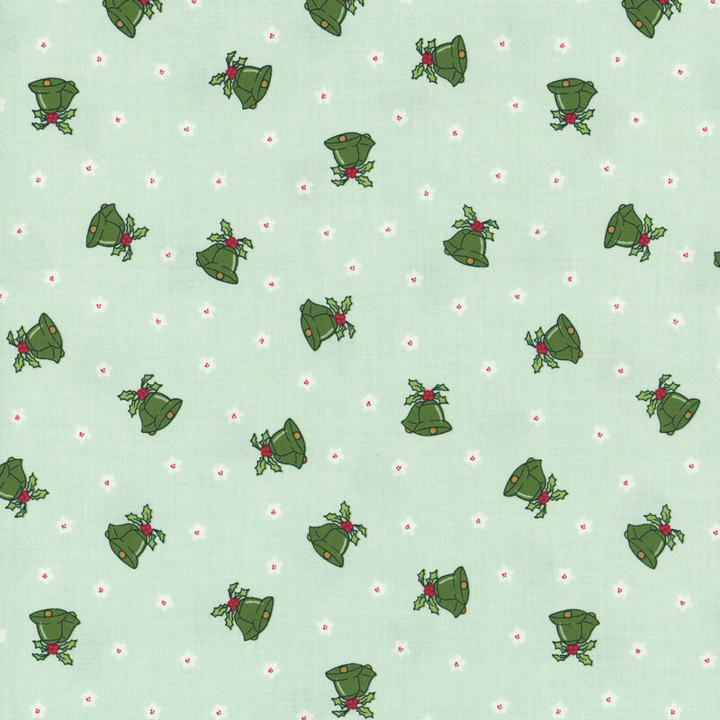 Repeating pattern of green bells with red holly on a light green background, interspersed with white flowers.