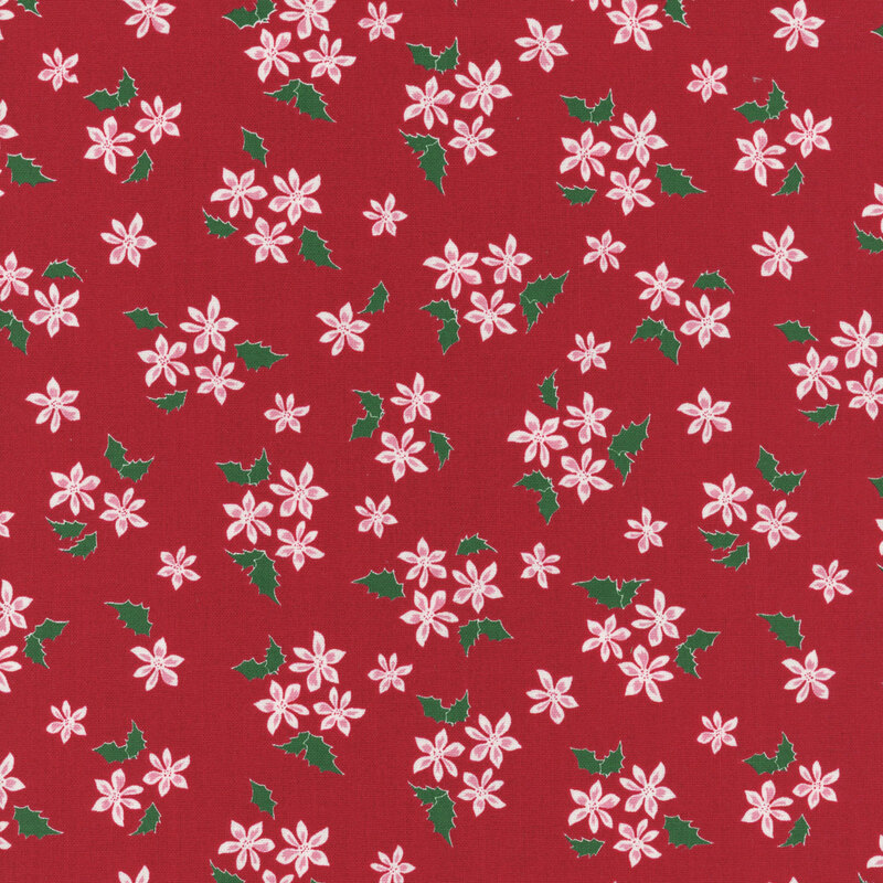 Red fabric pattern featuring white flowers and green holly leaves.