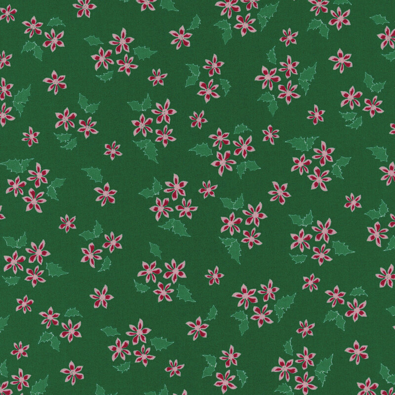 Pattern of pink flowers and green holly leaves on a dark green background.