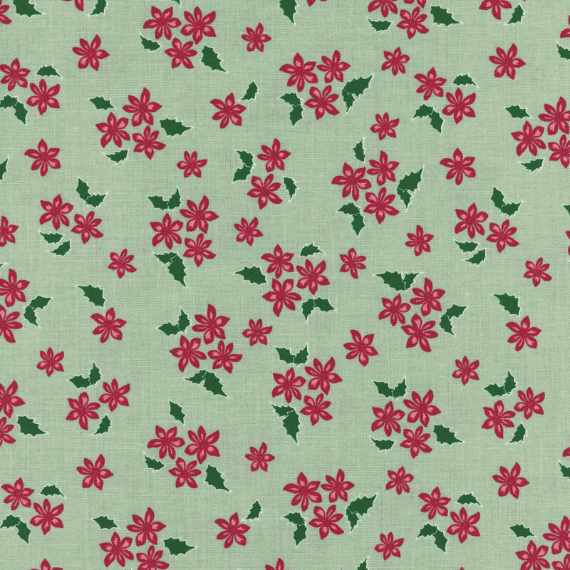 Green background with scattered red flowers and holly leaves, creating a festive pattern.