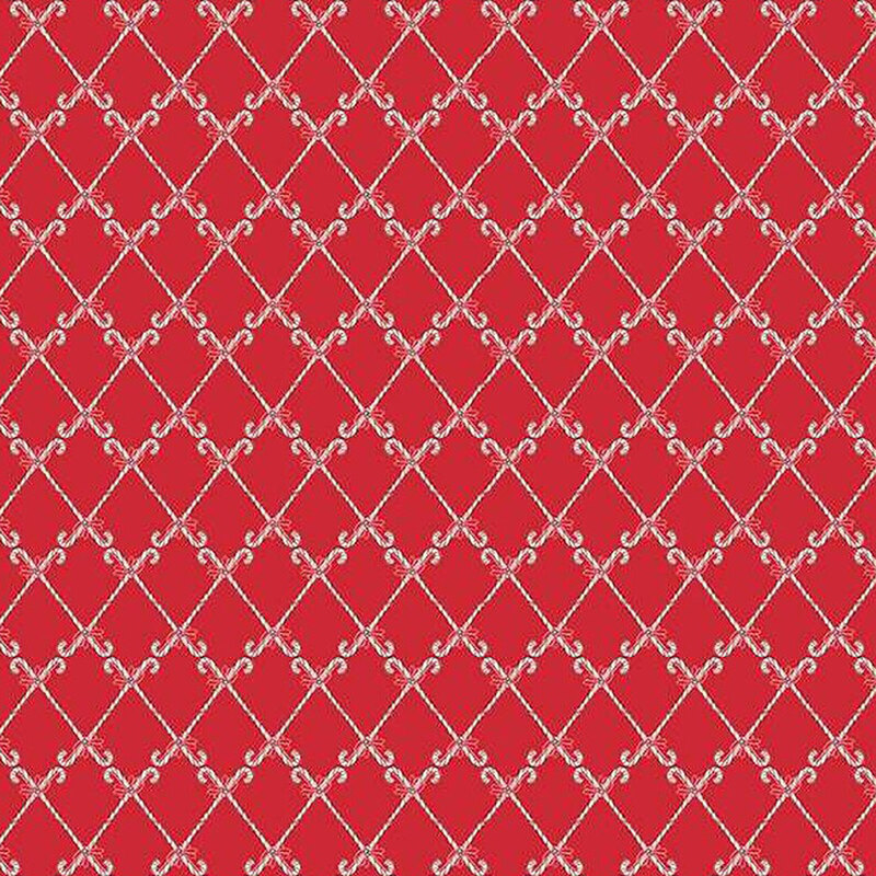 Red background with a white diamond pattern featuring numerous cane shapes.