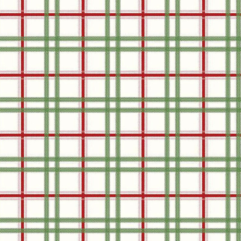 Green and red plaid pattern on a white background, featuring intersecting lines in a grid formation.